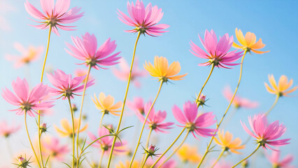 Vibrant pink and yellow wildflowers swaying gently against a clear blue sky