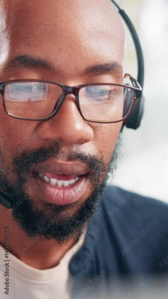 Aufkleber communication, contact us and headset with black man in call center for advice or support. consultin