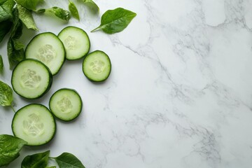 high resolution visual of fresh cucumbers sliced on marble background