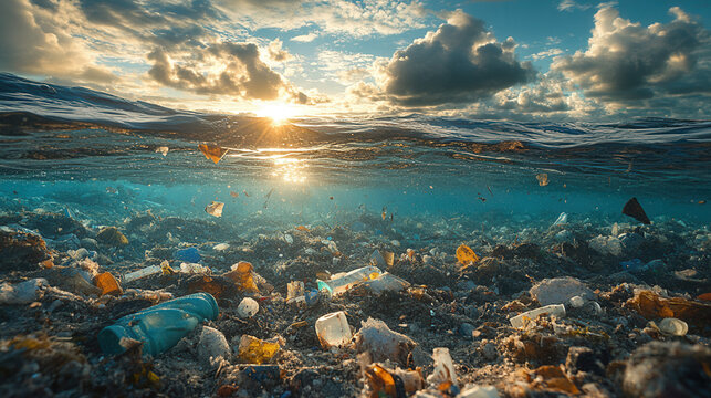  ocean view beneath the surface with floating trash and microplastics 