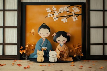 flawless image of front view happy japanese family with cat