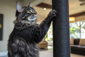 Majestic cat scratching a tall post in a stylish living room with natural light