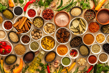 Diverse selection of cooking spices and dried herbs on a beige background, showcasing natural textures and colors that enhance culinary experiences