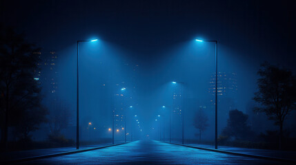 stylish urban street lights glowing at night, minimal design with clean lines 