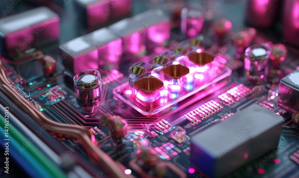 Poster glowing components on a circuit board create a vibrant display of colors