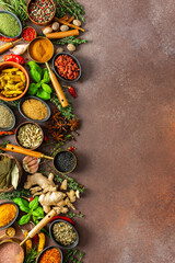 A harmonious mix of spices and herbs, bursting with colors and fragrances, spread on a warm brown background, evoking a sense of culinary artistry
