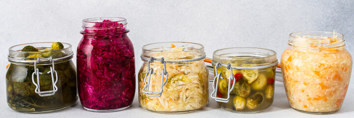 Cabbage fermentation, white cabbage with carrots and sweet peppers, red cabbage with onions,...