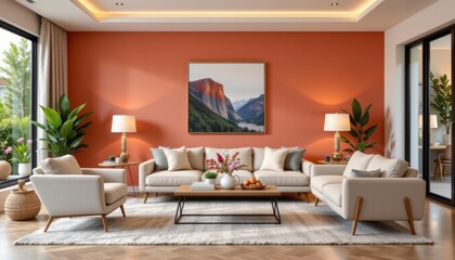 Cozy modern living room interior with decorative plants, warm colors, and picturesque wall art