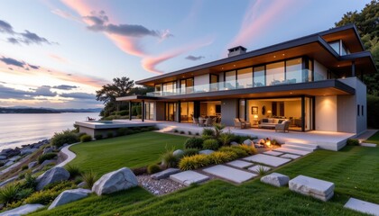 Modern Lakeside Home with Expansive Windows and Serene Landscape at Sunset