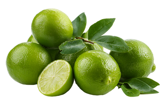 Fresh Green Limes with Leaves on Transparent Background, PNG