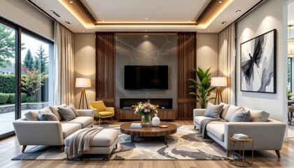 Modern and Elegant Living Room Design with Stylish Furniture and Decor in Bright Natural Light