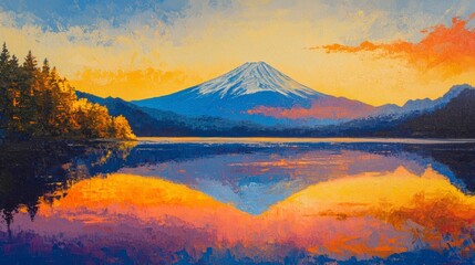 Fototapeta premium Vibrant sunrise paints Mount Fuji's reflection on a calm lake.