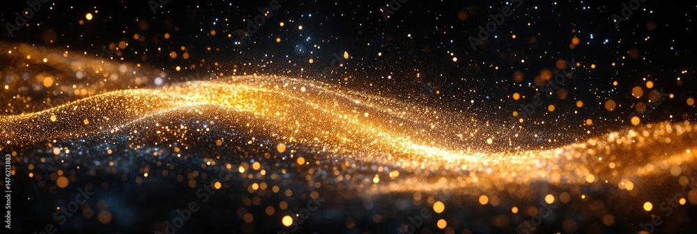 Poster abstract design of golden particles flowing in dark space.