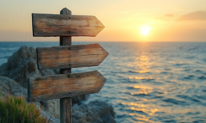 Rustic wooden signposts point towards a tranquil ocean sunset, creating a serene coastal scene