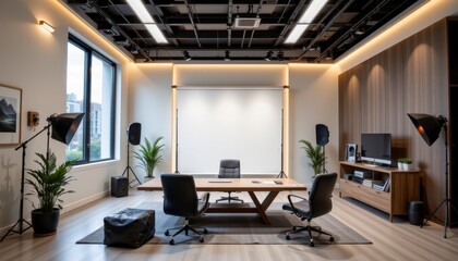 Fototapeta premium Modern professional office interior design with natural light and stylish furniture for business meetings
