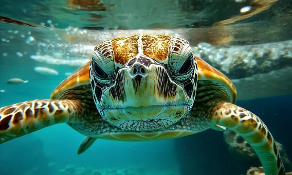 Close-up of a sea turtle swimming underwater, its head and shell visible.