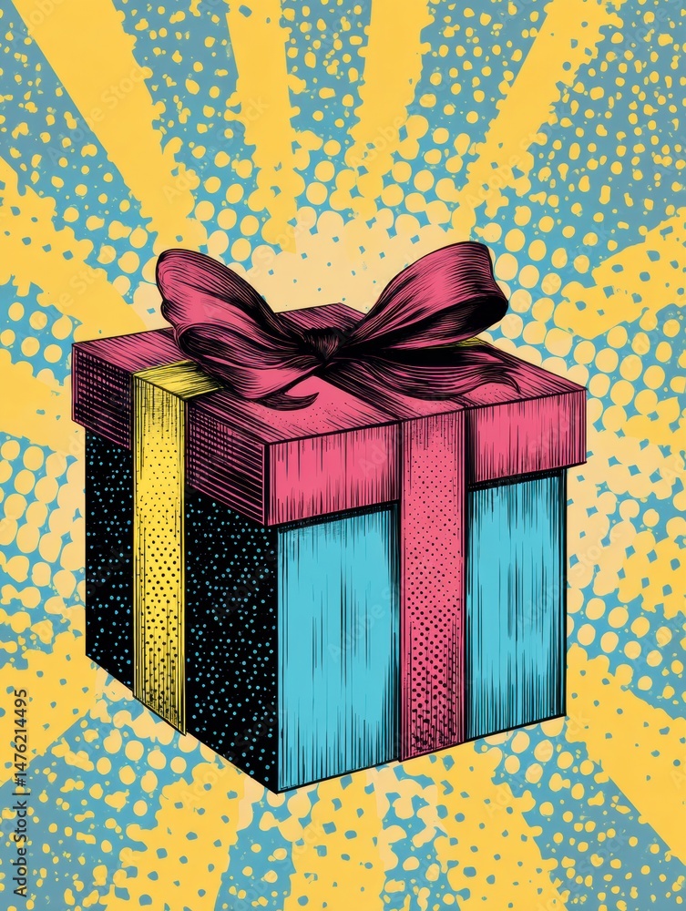 Poster pop-art gift graphic featuring a colorful present with a bow on a dotted background bursting with en