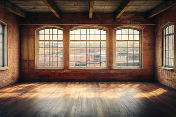 Fototapeta premium Sunlit Loft Interior Brick Walls Wooden Floor Large Windows City View,
