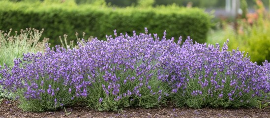 Obraz premium Beautiful Lavender Blossoms in a Lush Garden Setting with Green Hedge