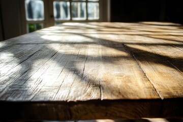 Rustic Wood Table Surface Close Up with Sunlight and Shadow Patterns in a Bright Interior Space
