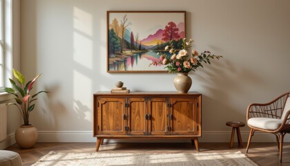 Elegant Living Room with Wooden Cabinet, Floral Arrangement, and Scenic Artwork on Wall