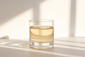 Clear glass tumbler with light yellowish liquid