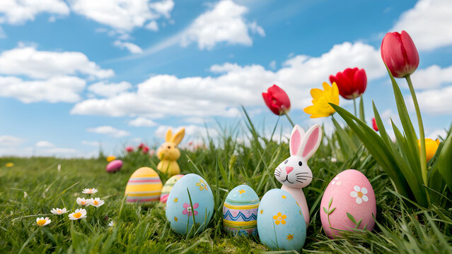 Easter Egg Field with Pastel Tulips and Lush Green Grass under Blue Sky