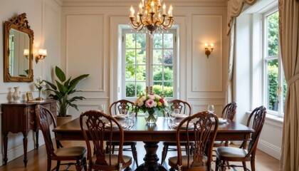 Elegant Dining Room with Classic Furniture and Natural Light in a Luxurious Home Setting