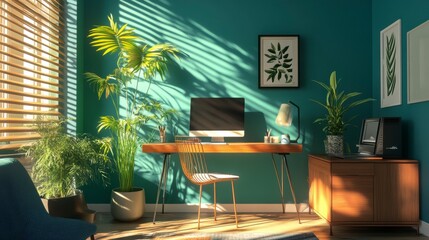 Fototapeta premium Sunlit home office with teal walls, plants, wooden desk, and chair.