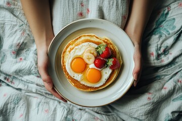 ultra HD visual of high angle breakfast in bed with pancake