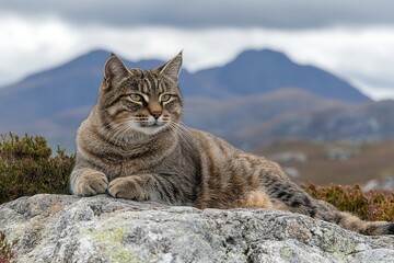 Fototapeta premium Majestic tabby cat lounging on a rocky outcrop with mountains in the background under cloudy skies