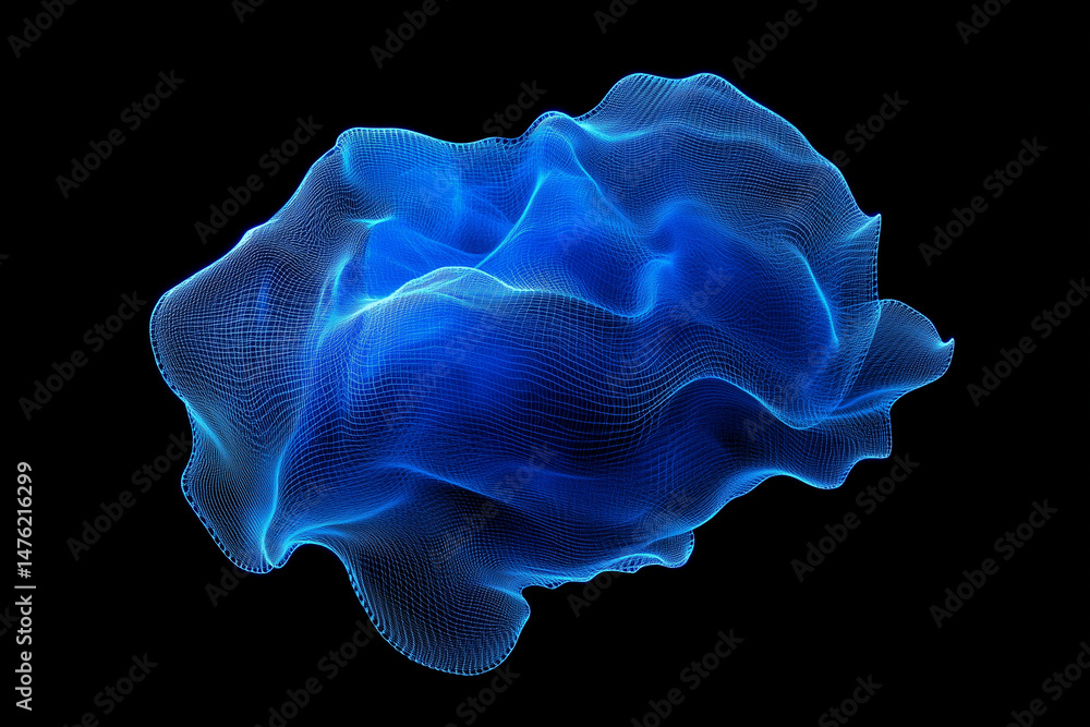 Poster abstract floating blue mesh blob with symmetrical outline