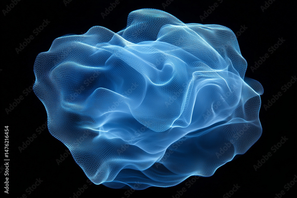 Poster abstract floating blue mesh blob with symmetrical outline