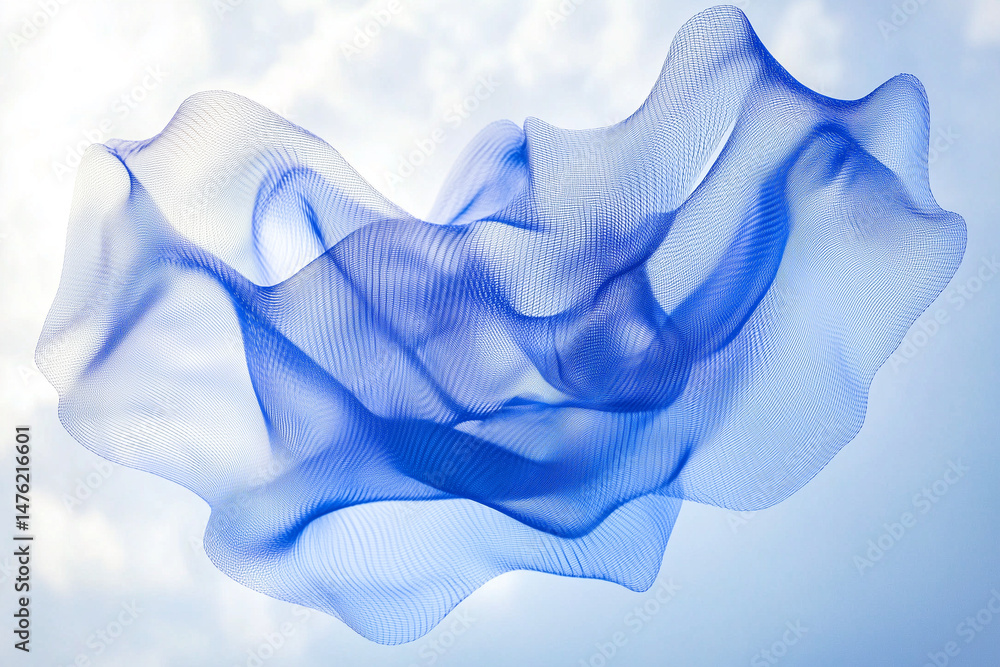 Poster abstract floating blue mesh blob with symmetrical outline