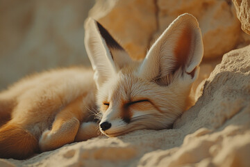 Fennec Fox Sleeping Peacefully in Desert Sand Warm Sunset Light