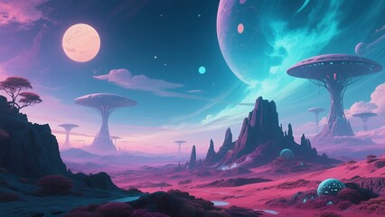 Fototapeta premium Fantasy Landscape Background With Clouds And Planets
