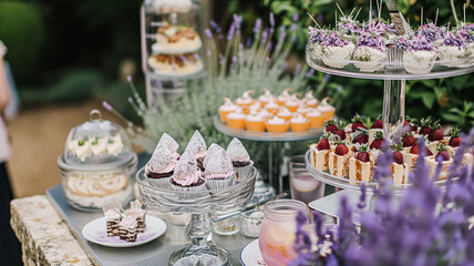 Wedding buffet table with lavender and a variety of dishes.