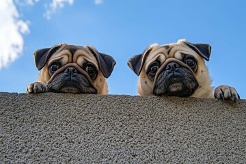clear pixel picture of low angle closeup shot of two cute pugs on the wall while looking down