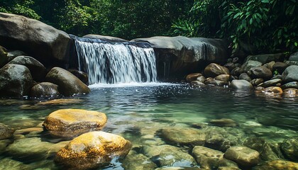 Serene waterfall cascading over rocks in a lush forest pool