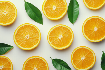 Obraz premium Juicy Orange Slices and Green Leaves White Background