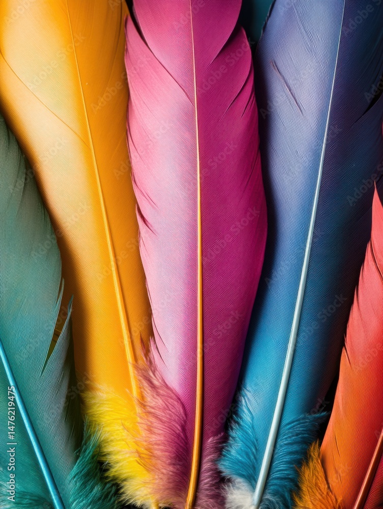 Aufkleber close-up of vibrant feathers arranged vertically, showcasing a spectrum of colors in a studio settin