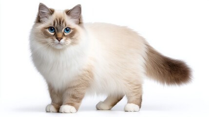 Fototapeta premium Adorable fluffy ragdoll cat with striking blue eyes on a white background