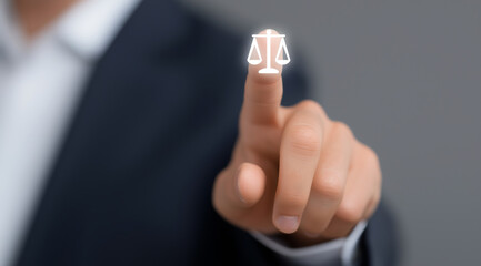 Businessman touching glowing digital scales of justice icon on a virtual screen, a concept for law or commerce in business activity and the pursuit of positive freedom from technol