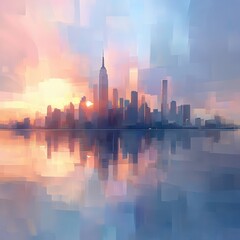 A stylized sunrise over New York City, reflected in calm water.  The city skyline is depicted with soft, pastel colors and a painterly, pixelated style