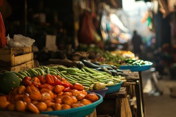 high definition visual of market stall with variety of organic vegetable
