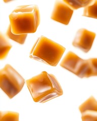 Caramel cubes in mid-air