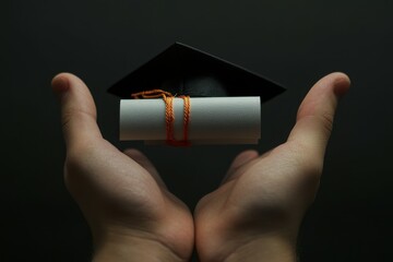 detailed picture of miniature graduate hat and diploma in hands
