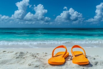 Obraz premium Orange flip-flops on a tropical beach (1)