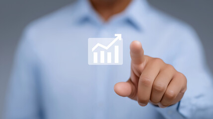 Businessman hand icon using ipad pen to point at box with floating icon. Sales data analysis and business strategy insights about market growth. Finance and investment concept.