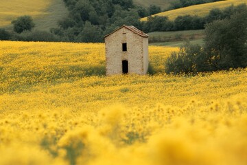 Abandoned house standing in a field of yellow flowers in Tuscany